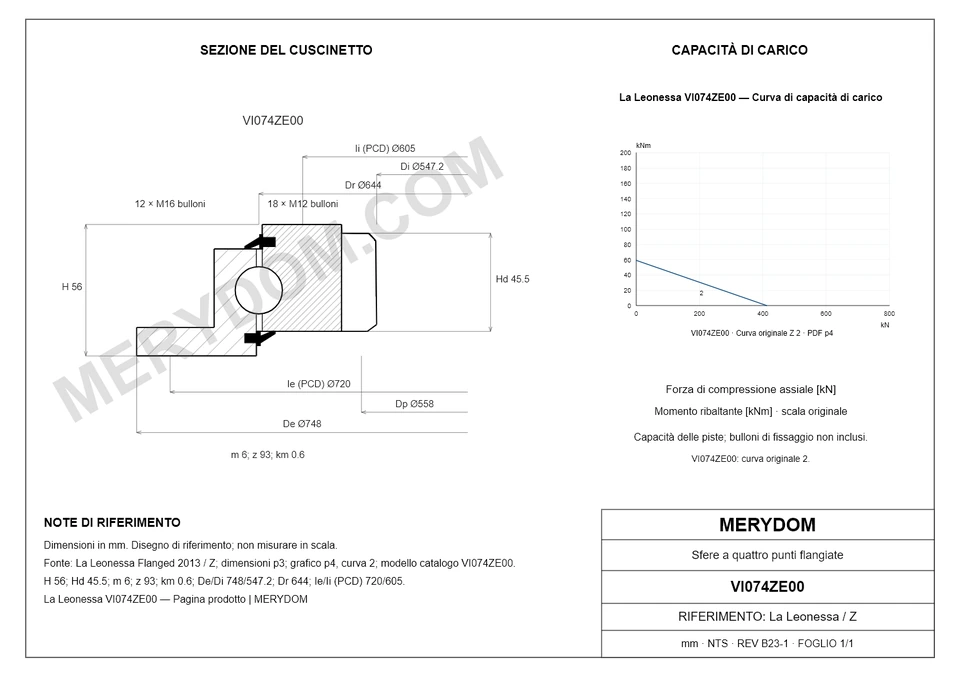 Disegno CAD del cuscinetto di rotazione sostitutivo MERYDOM per La Leonessa VI074ZE00, con dimensioni e fori di montaggio.