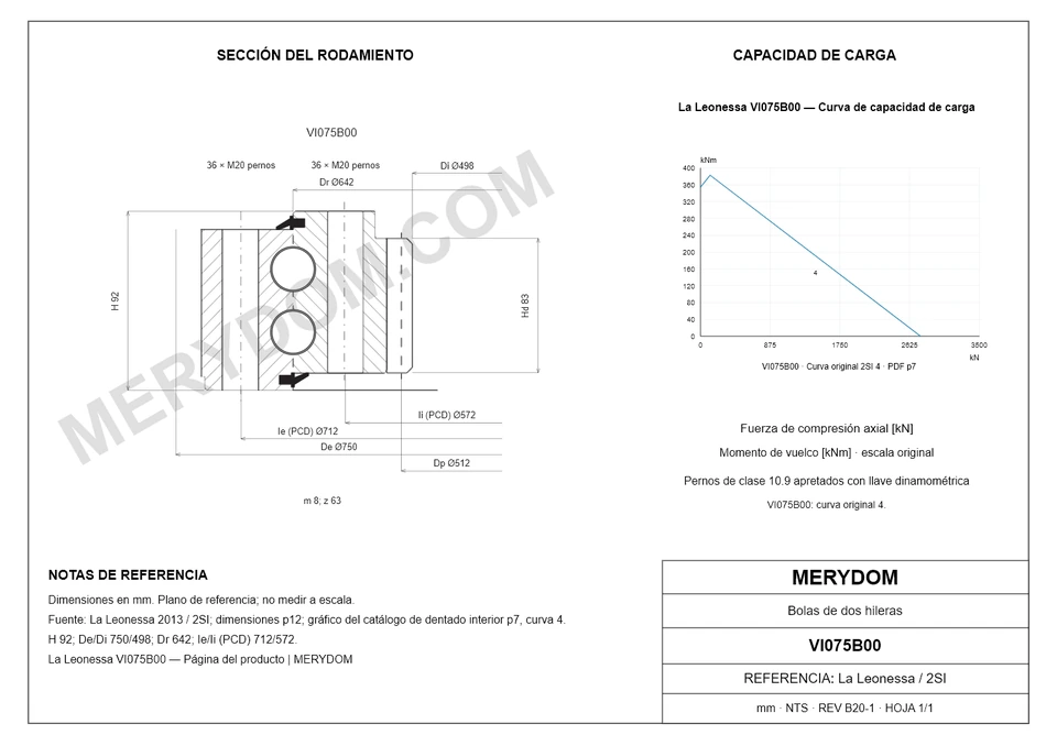 Plano CAD de la corona de giro de sustitución MERYDOM para La Leonessa VI075B00, con dimensiones y orificios de montaje.