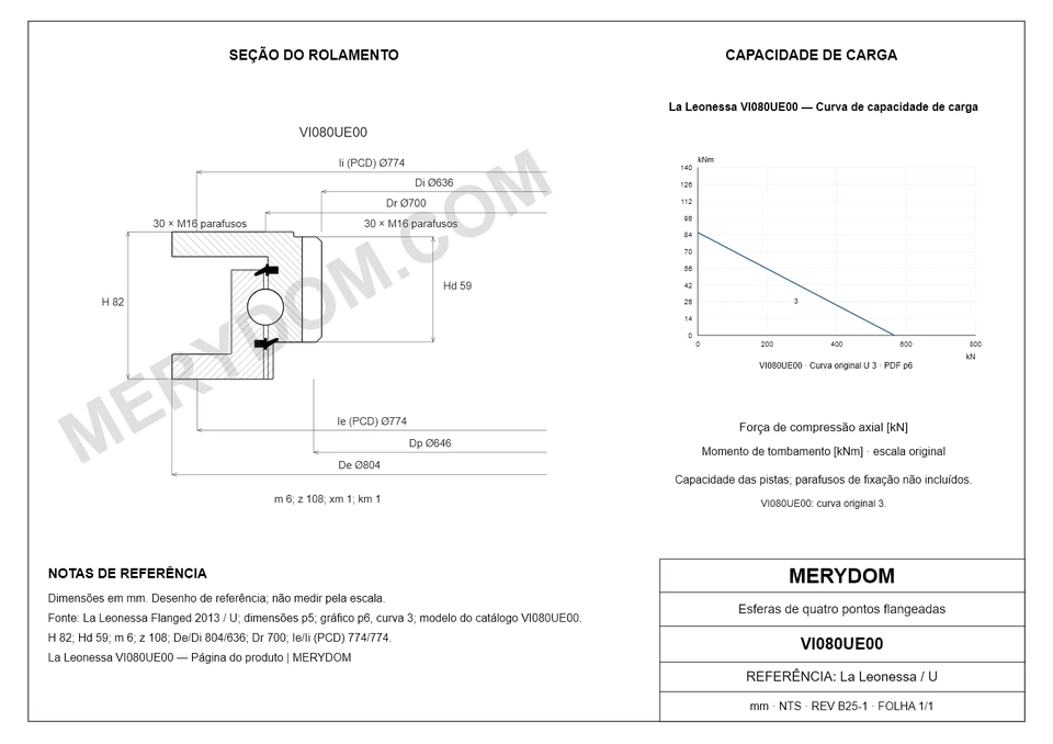 Desenho CAD do rolamento de giro de substituição MERYDOM para La Leonessa VI080UE00, com dimensões e furos de montagem.