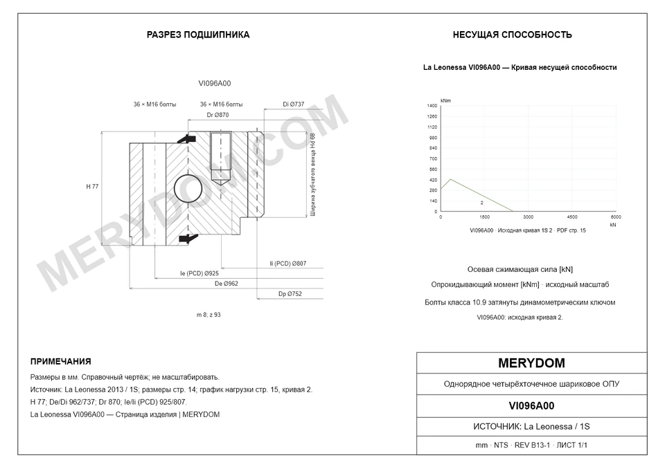 CAD-чертёж опорно-поворотного устройства MERYDOM для замены La Leonessa VI096A00 с размерами и монтажными отверстиями.