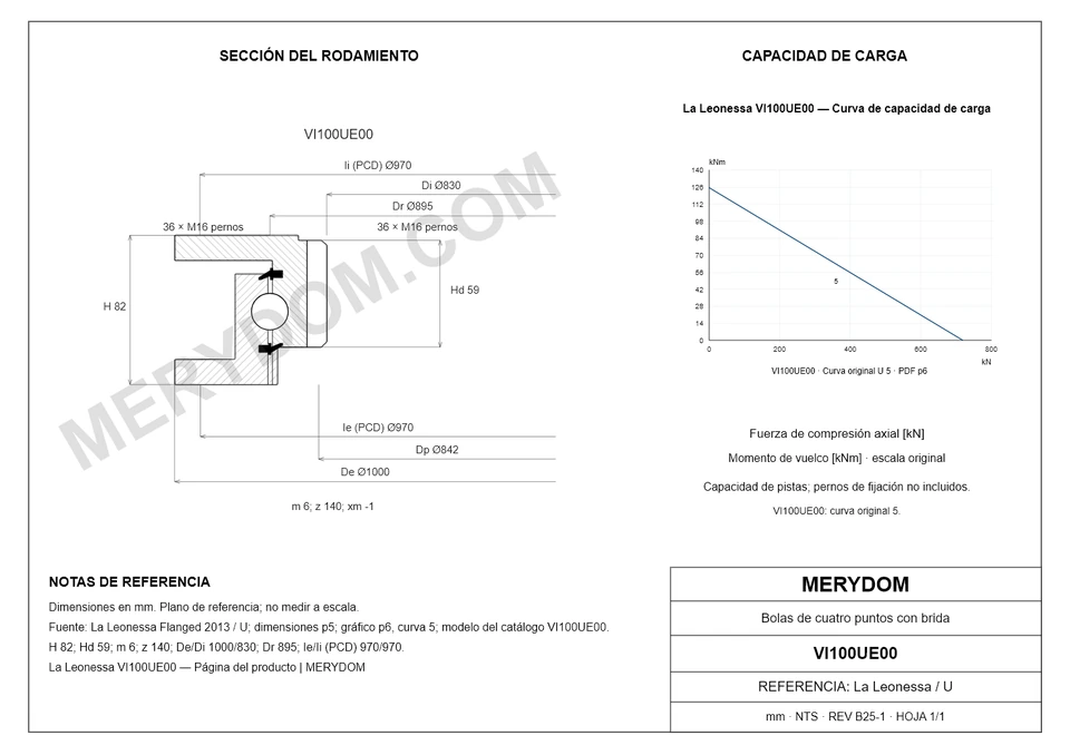 Plano CAD de la corona de giro de sustitución MERYDOM para La Leonessa VI100UE00, con dimensiones y orificios de montaje.