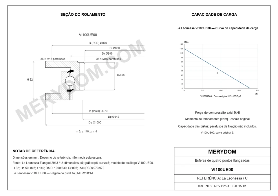 Desenho CAD do rolamento de giro de substituição MERYDOM para La Leonessa VI100UE00, com dimensões e furos de montagem.