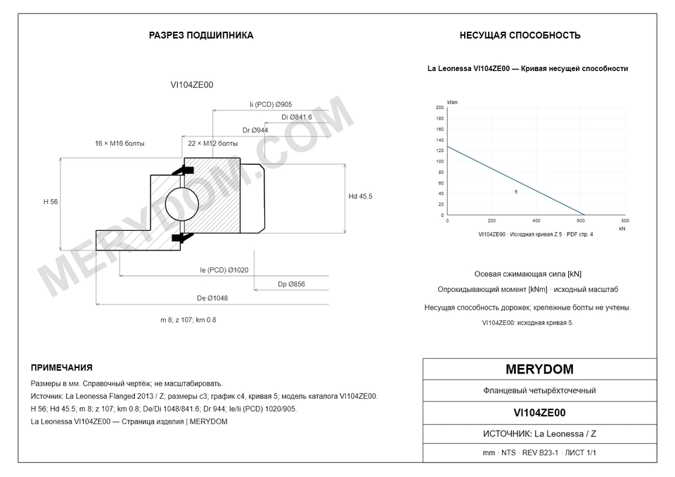 CAD-чертёж опорно-поворотного устройства MERYDOM для замены La Leonessa VI104ZE00 с размерами и монтажными отверстиями.