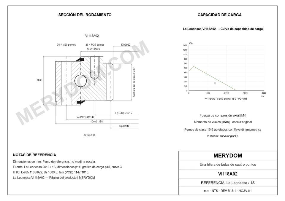 Plano CAD de la corona de giro de sustitución MERYDOM para La Leonessa VI118A02, con dimensiones y orificios de montaje.