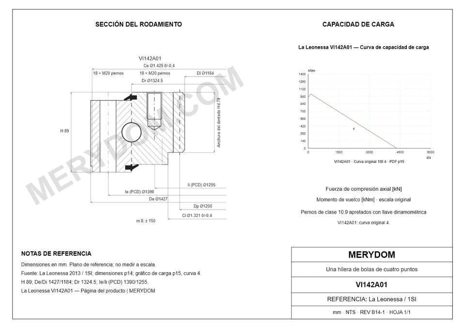 Plano CAD de la corona de giro de sustitución MERYDOM para La Leonessa VI142A01, con dimensiones y orificios de montaje.