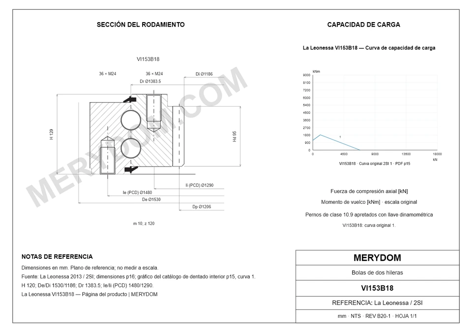 Plano CAD de la corona de giro de sustitución MERYDOM para La Leonessa VI153B18, con dimensiones y orificios de montaje.