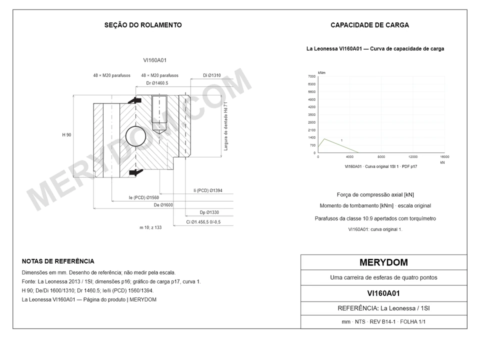Desenho CAD do rolamento de giro de substituição MERYDOM para La Leonessa VI160A01, com dimensões e furos de montagem.