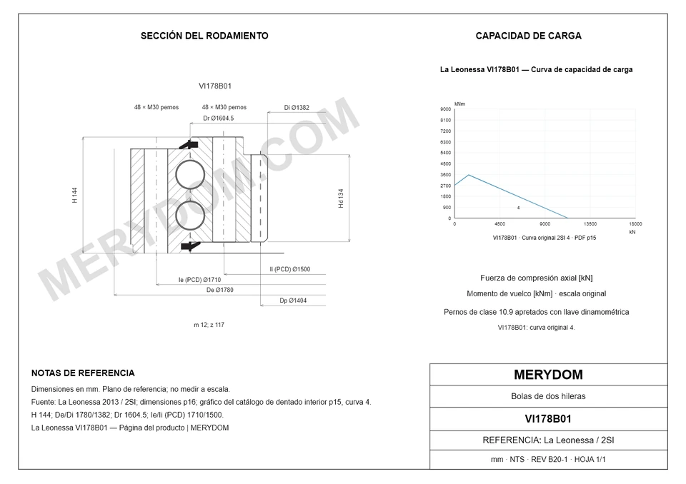 Plano CAD de la corona de giro de sustitución MERYDOM para La Leonessa VI178B01, con dimensiones y orificios de montaje.