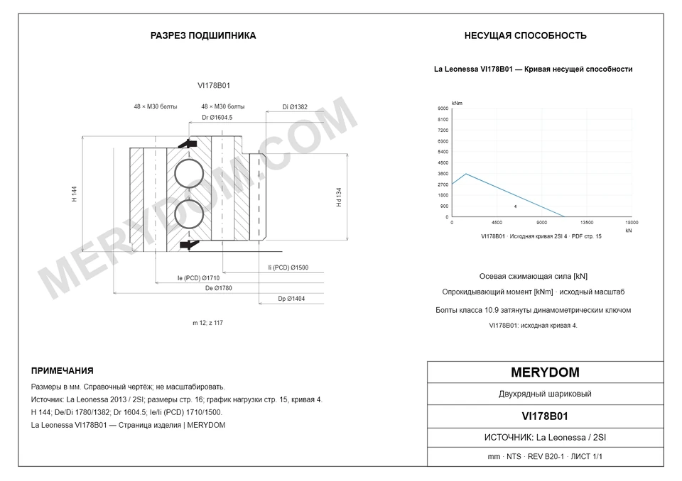 CAD-чертёж опорно-поворотного устройства MERYDOM для замены La Leonessa VI178B01 с размерами и монтажными отверстиями.