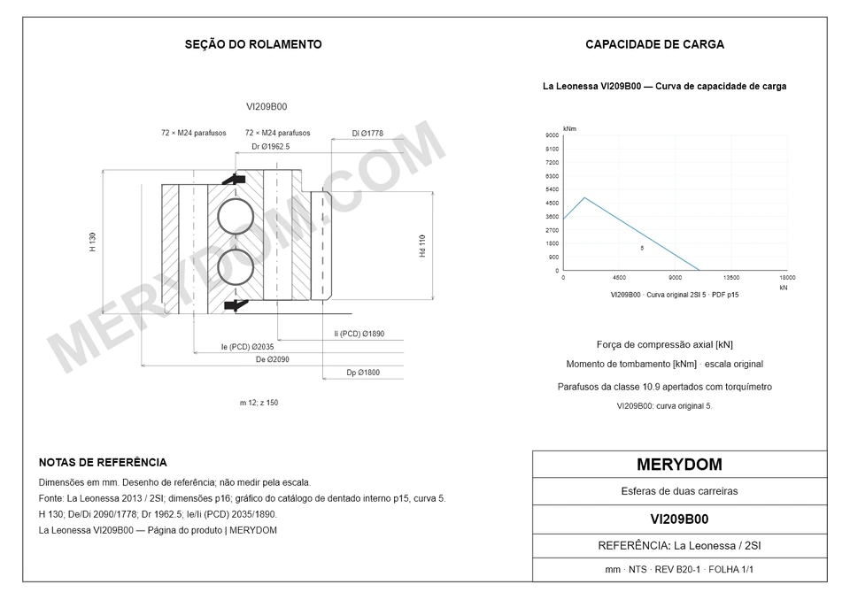 Desenho CAD do rolamento de giro de substituição MERYDOM para La Leonessa VI209B00, com dimensões e furos de montagem.