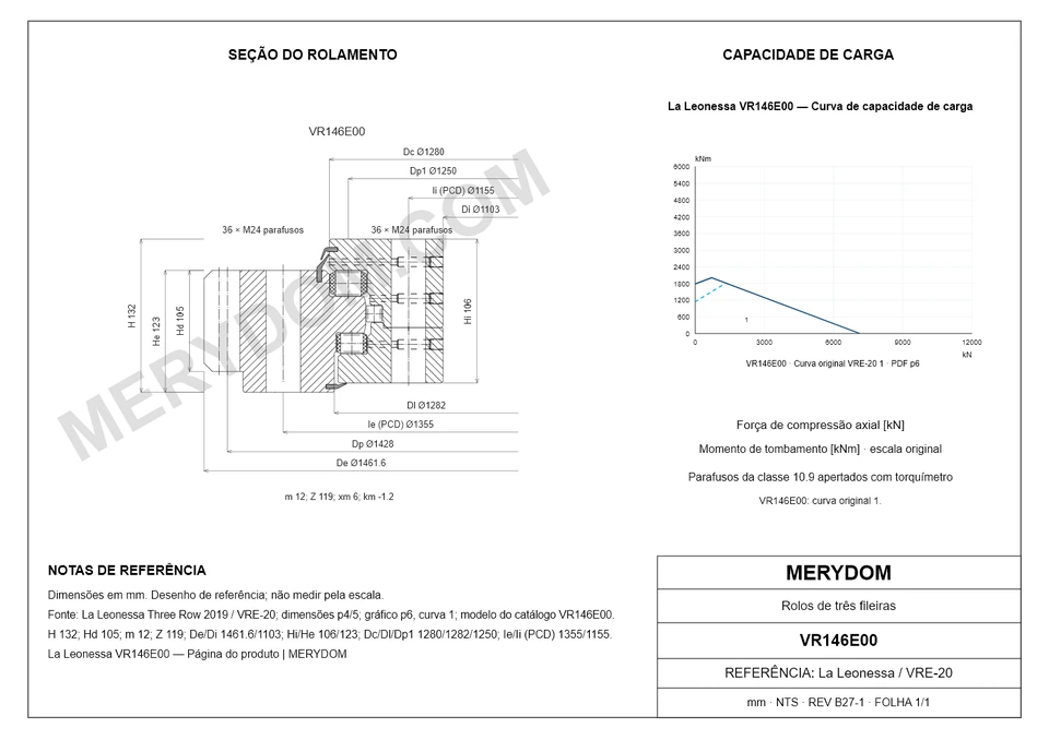 Desenho CAD do rolamento de giro de substituição MERYDOM para La Leonessa VR146E00, com dimensões e furos de montagem.