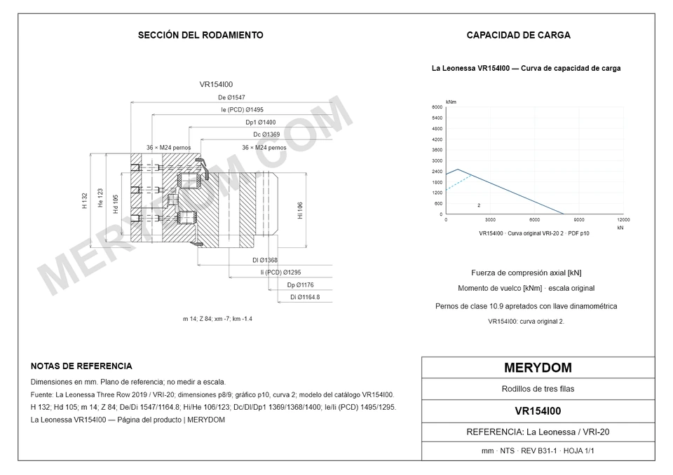 Plano CAD de la corona de giro de sustitución MERYDOM para La Leonessa VR154I00, con dimensiones y orificios de montaje.