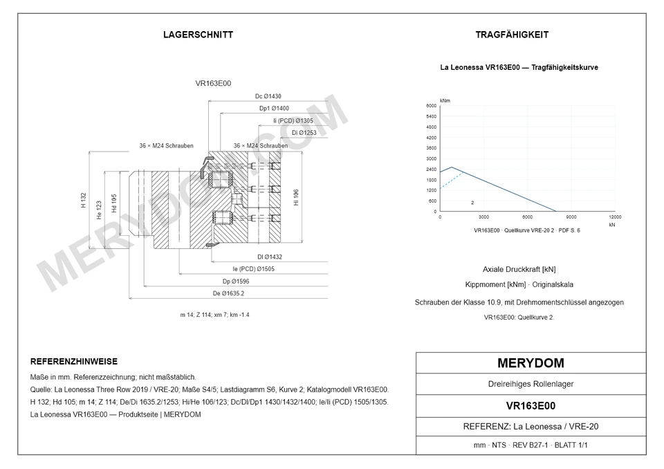 CAD-Zeichnung des MERYDOM-Ersatzdrehkranzes für La Leonessa VR163E00 mit Abmessungen und Befestigungsbohrungen.