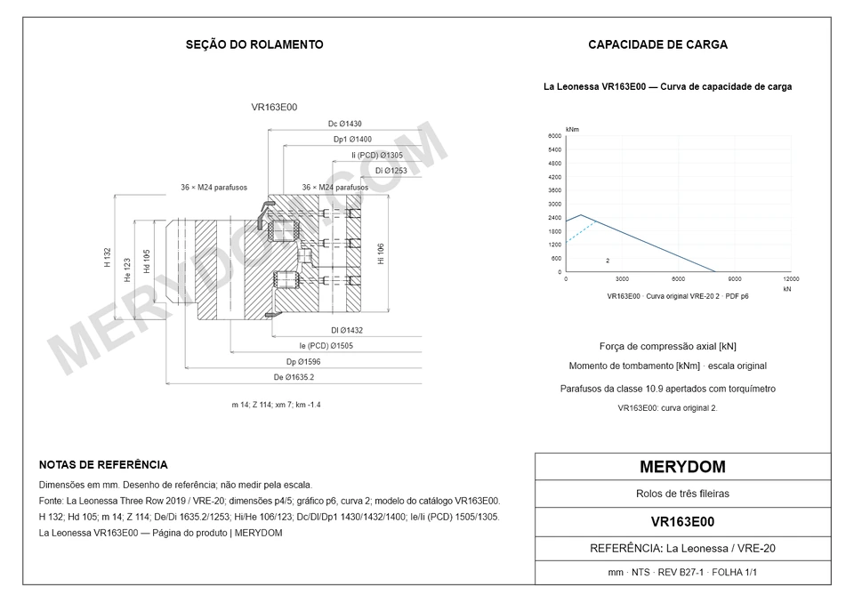 Desenho CAD do rolamento de giro de substituição MERYDOM para La Leonessa VR163E00, com dimensões e furos de montagem.