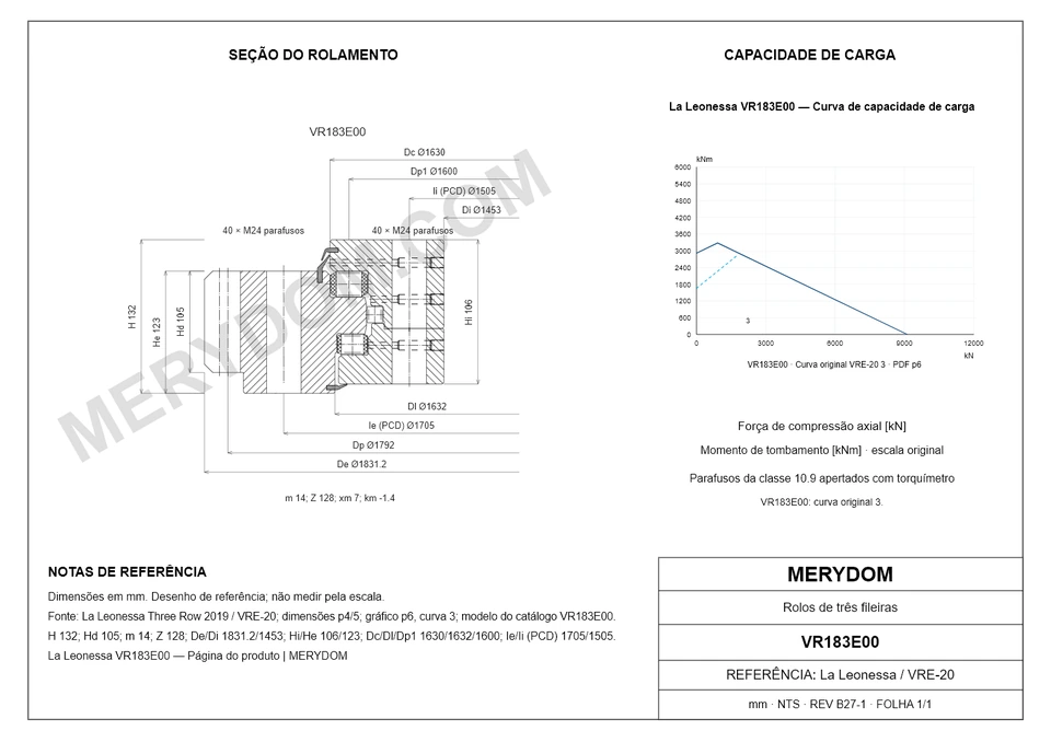 Desenho CAD do rolamento de giro de substituição MERYDOM para La Leonessa VR183E00, com dimensões e furos de montagem.