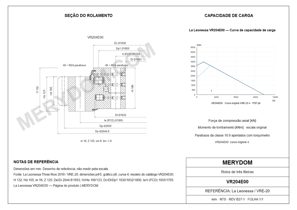 Desenho CAD do rolamento de giro de substituição MERYDOM para La Leonessa VR204E00, com dimensões e furos de montagem.
