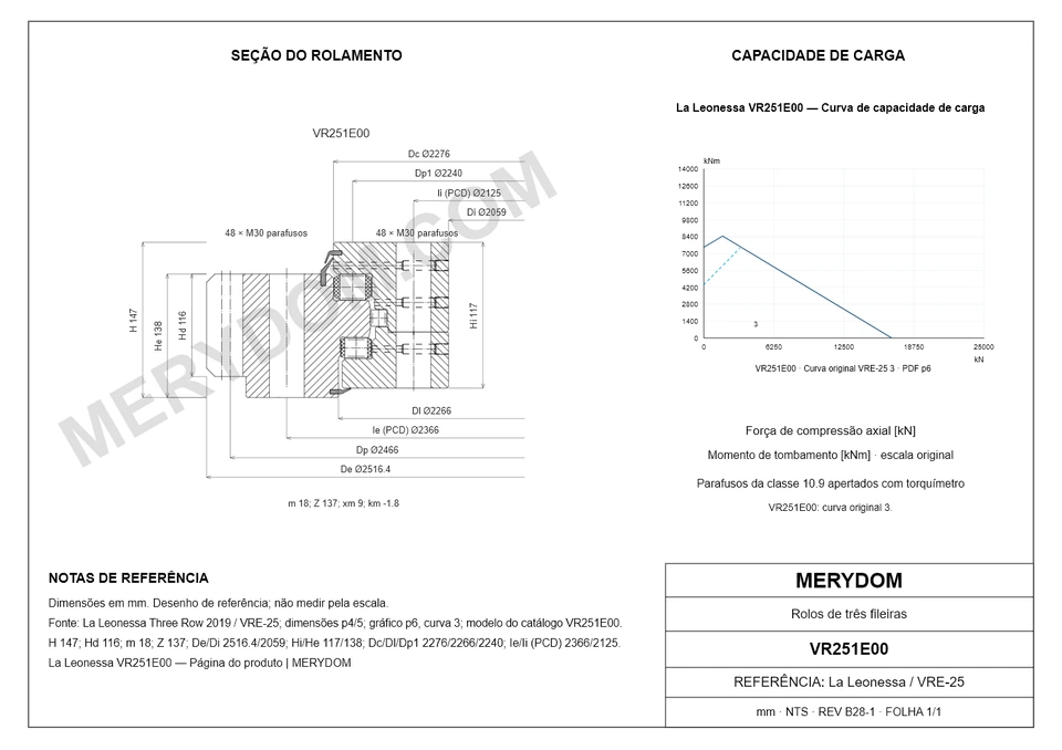 Desenho CAD do rolamento de giro de substituição MERYDOM para La Leonessa VR251E00, com dimensões e furos de montagem.