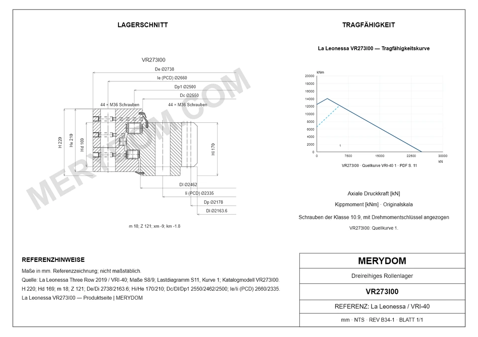 CAD-Zeichnung des MERYDOM-Ersatzdrehkranzes für La Leonessa VR273I00 mit Abmessungen und Befestigungsbohrungen.