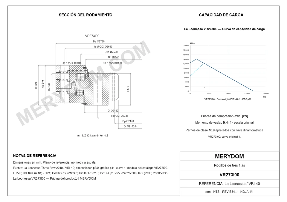 Plano CAD de la corona de giro de sustitución MERYDOM para La Leonessa VR273I00, con dimensiones y orificios de montaje.