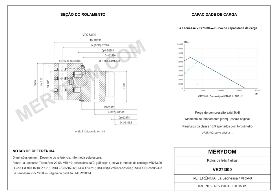 Desenho CAD do rolamento de giro de substituição MERYDOM para La Leonessa VR273I00, com dimensões e furos de montagem.