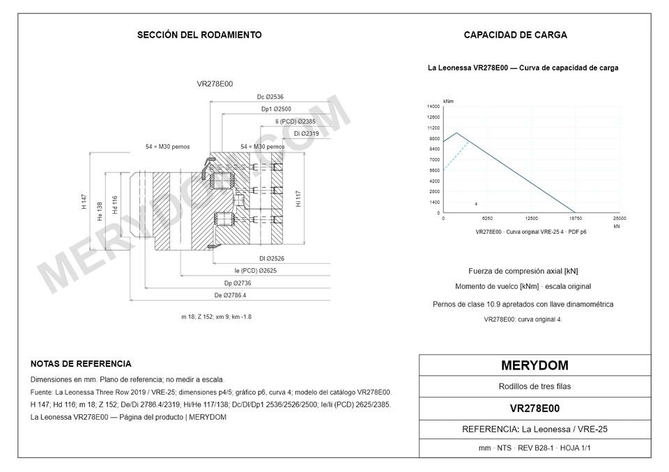 Plano CAD de la corona de giro de sustitución MERYDOM para La Leonessa VR278E00, con dimensiones y orificios de montaje.