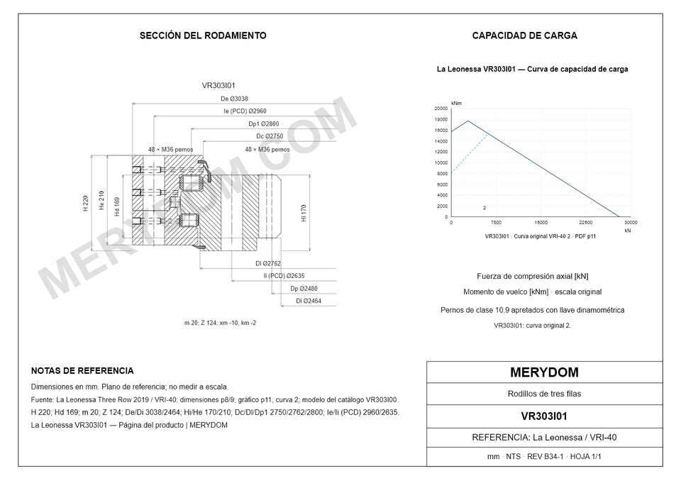 Plano CAD de la corona de giro de sustitución MERYDOM para La Leonessa VR303I01, con dimensiones y orificios de montaje.