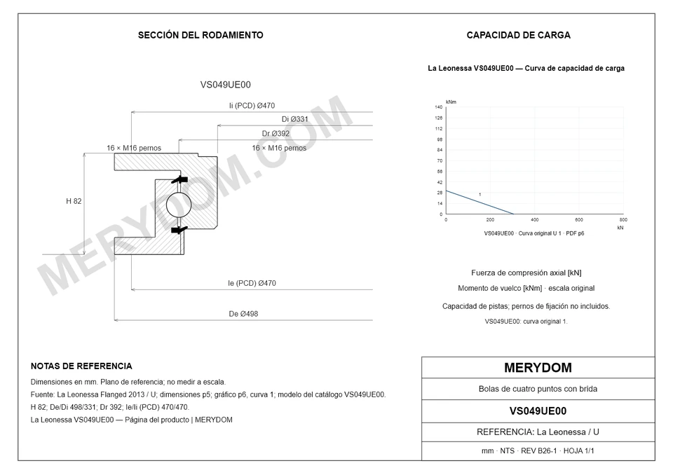 Plano CAD de la corona de giro de sustitución MERYDOM para La Leonessa VS049UE00, con dimensiones y orificios de montaje.