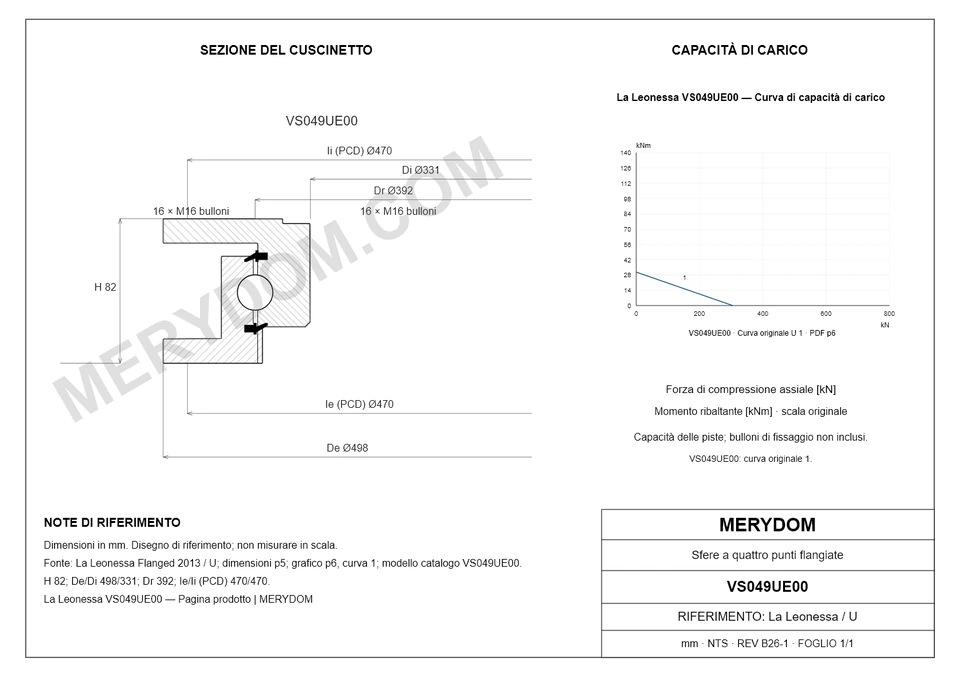 Disegno CAD del cuscinetto di rotazione sostitutivo MERYDOM per La Leonessa VS049UE00, con dimensioni e fori di montaggio.