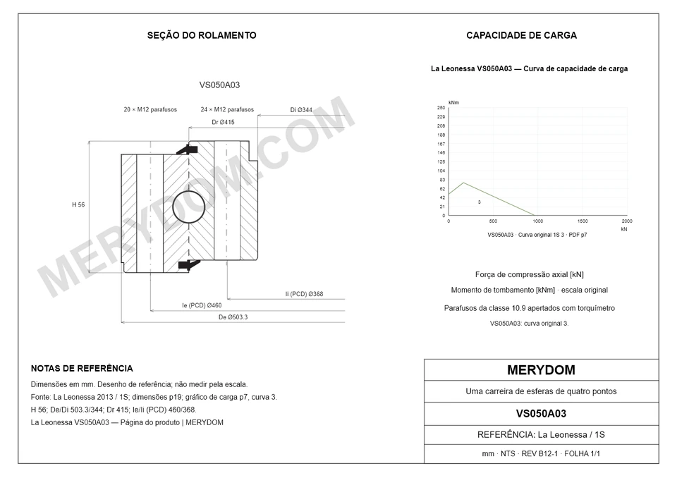 Desenho CAD do rolamento de giro de substituição MERYDOM para La Leonessa VS050A03, com dimensões e furos de montagem.