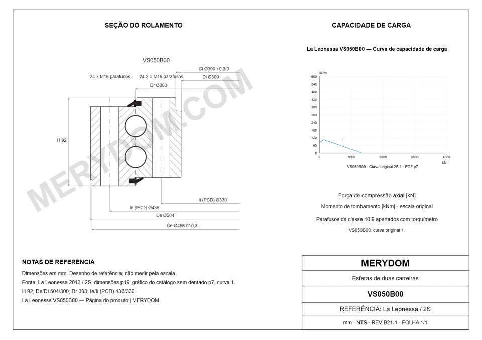 Desenho CAD do rolamento de giro de substituição MERYDOM para La Leonessa VS050B00, com dimensões e furos de montagem.