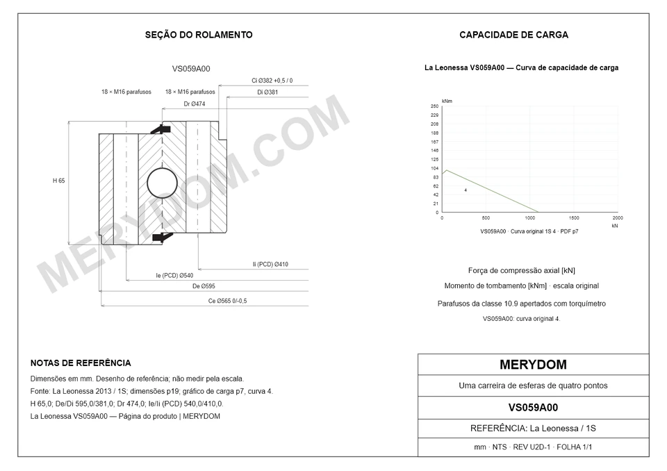 Desenho CAD do rolamento de giro de substituição MERYDOM para La Leonessa VS059A00, com dimensões e furos de montagem.