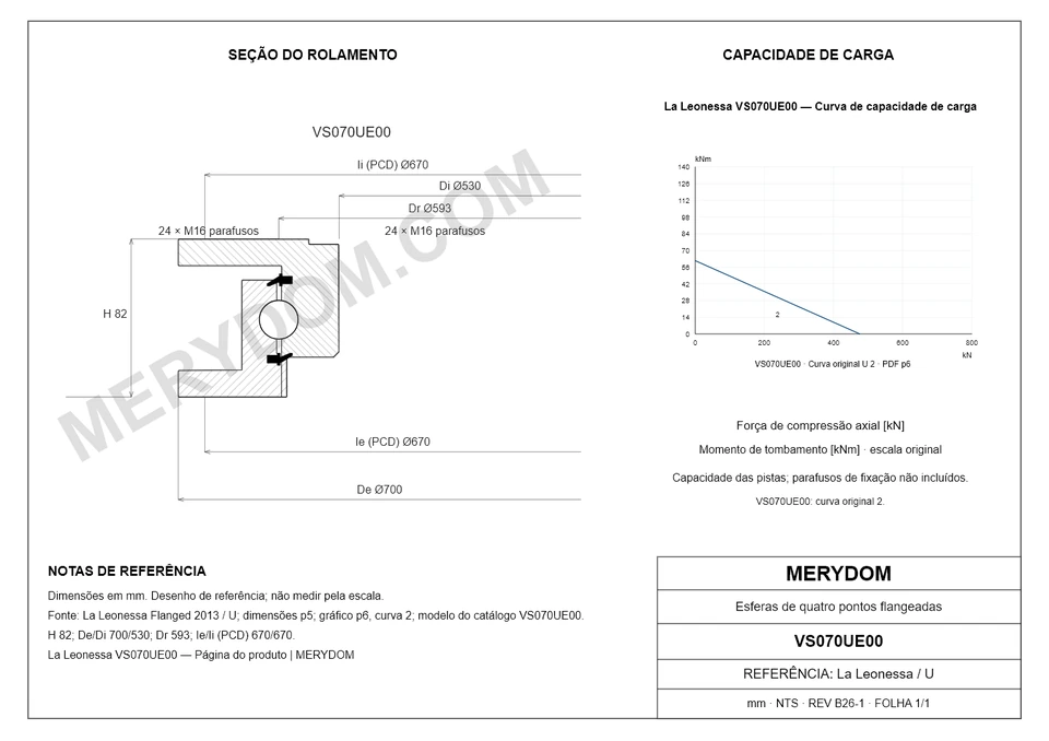 Desenho CAD do rolamento de giro de substituição MERYDOM para La Leonessa VS070UE00, com dimensões e furos de montagem.