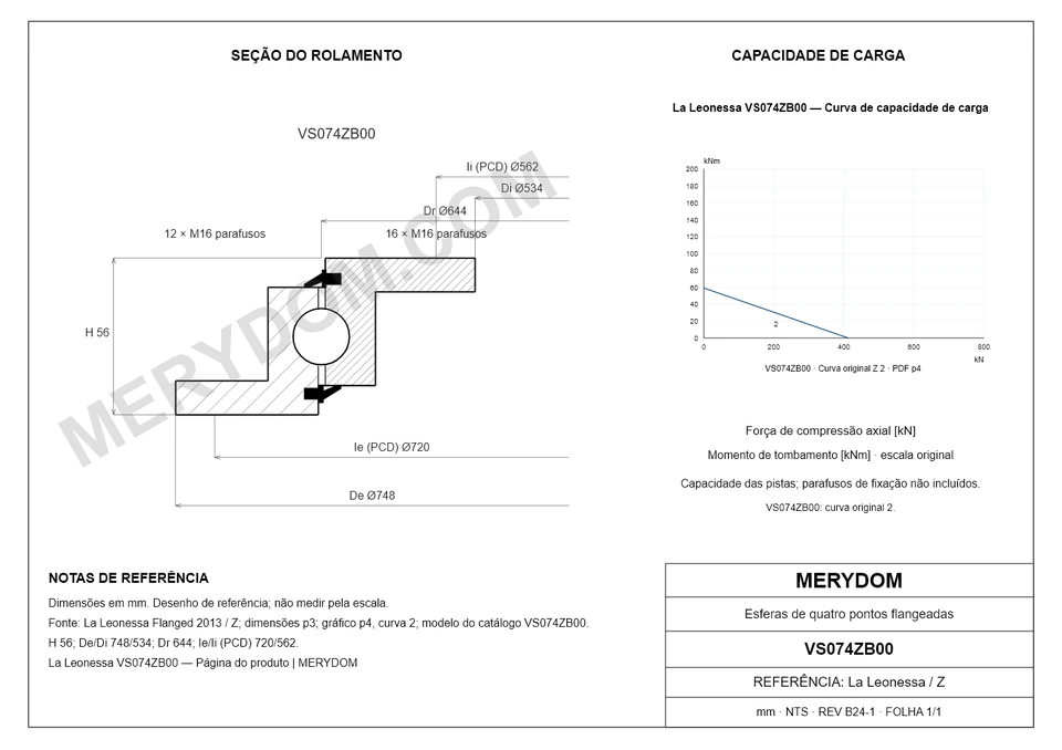 Desenho CAD do rolamento de giro de substituição MERYDOM para La Leonessa VS074ZB00, com dimensões e furos de montagem.
