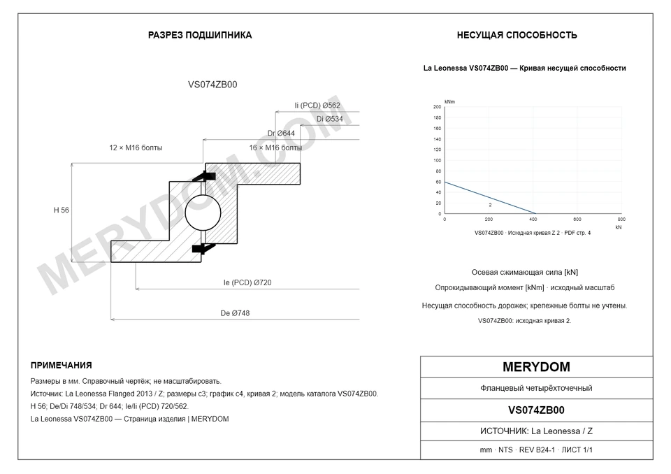 CAD-чертёж опорно-поворотного устройства MERYDOM для замены La Leonessa VS074ZB00 с размерами и монтажными отверстиями.