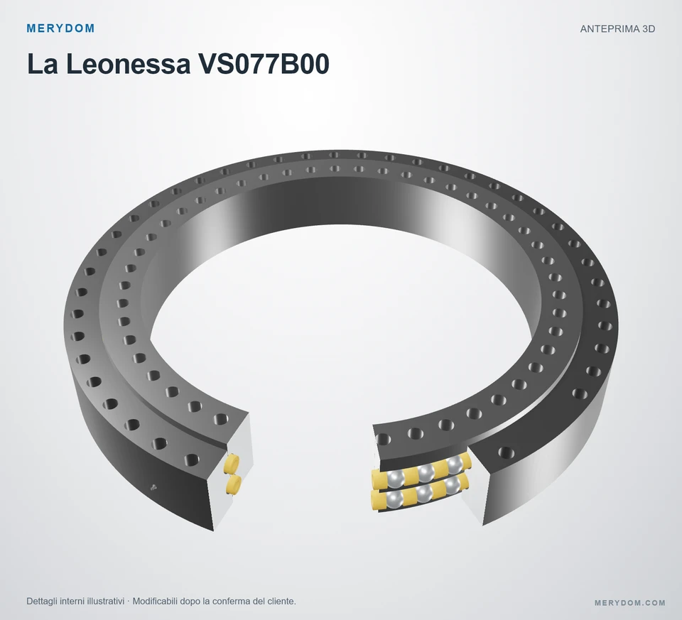 Anteprima del modello 3D del cuscinetto di rotazione sostitutivo MERYDOM per La Leonessa VS077B00.