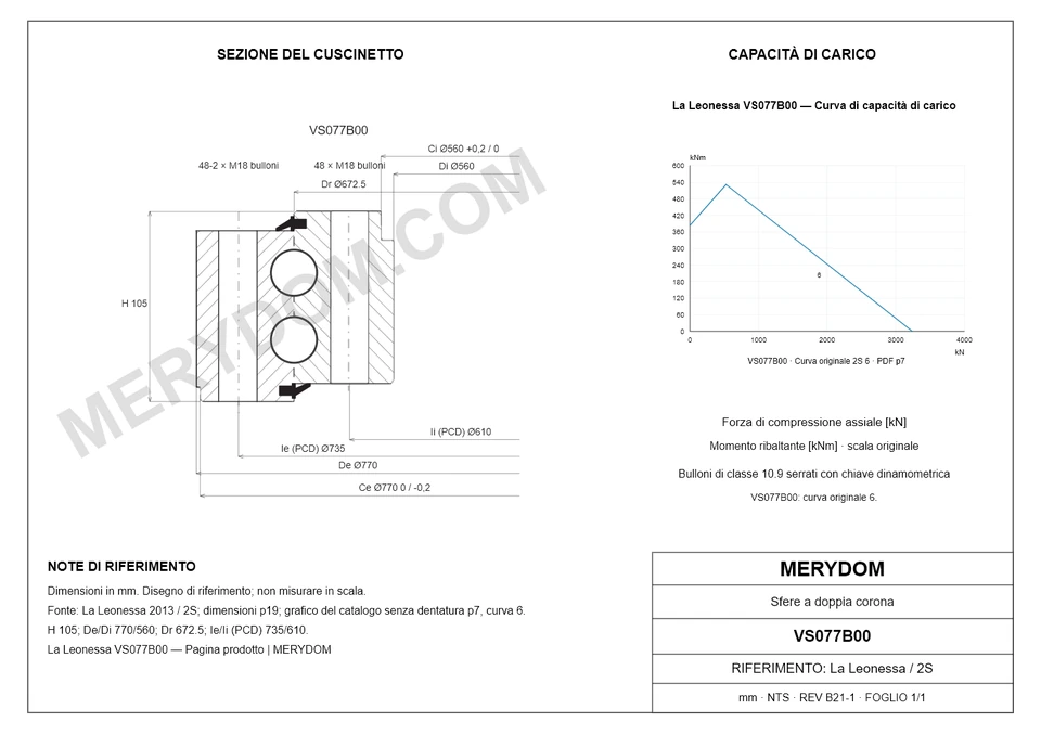 Disegno CAD del cuscinetto di rotazione sostitutivo MERYDOM per La Leonessa VS077B00, con dimensioni e fori di montaggio.