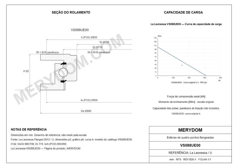 Desenho CAD do rolamento de giro de substituição MERYDOM para La Leonessa VS088UE00, com dimensões e furos de montagem.