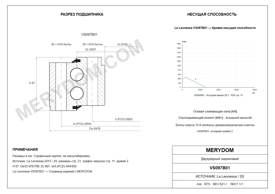 CAD-чертёж опорно-поворотного устройства MERYDOM для замены La Leonessa VS097B01 с размерами и монтажными отверстиями.