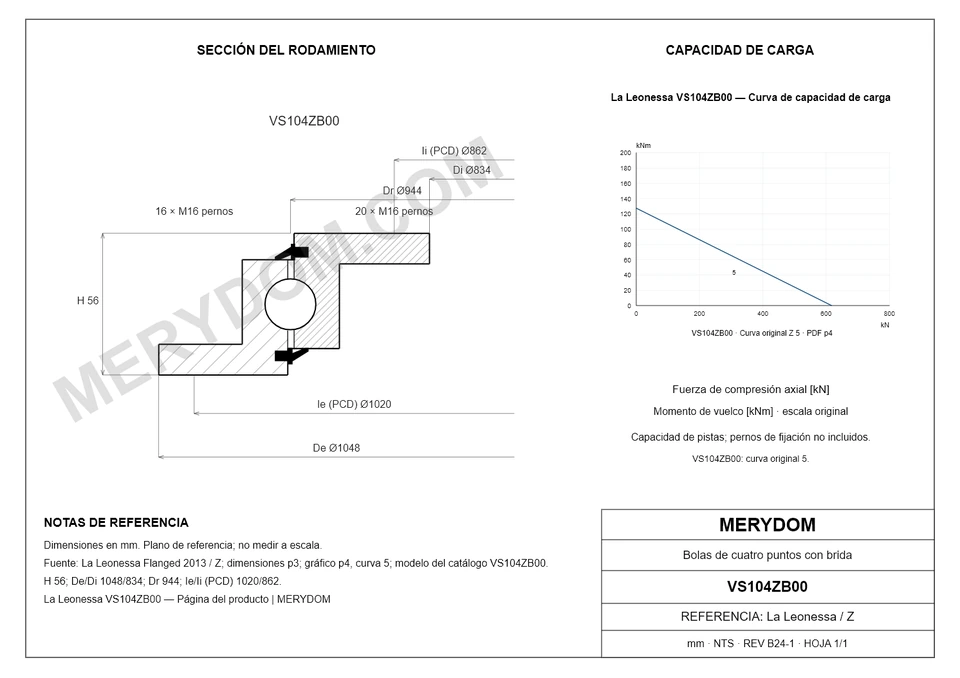Plano CAD de la corona de giro de sustitución MERYDOM para La Leonessa VS104ZB00, con dimensiones y orificios de montaje.