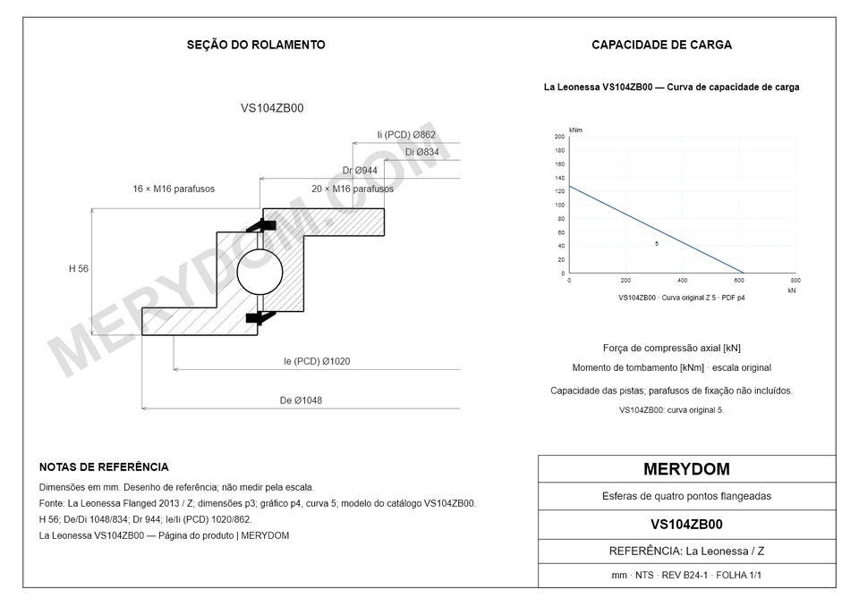 Desenho CAD do rolamento de giro de substituição MERYDOM para La Leonessa VS104ZB00, com dimensões e furos de montagem.