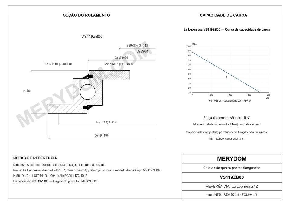 Desenho CAD do rolamento de giro de substituição MERYDOM para La Leonessa VS119ZB00, com dimensões e furos de montagem.