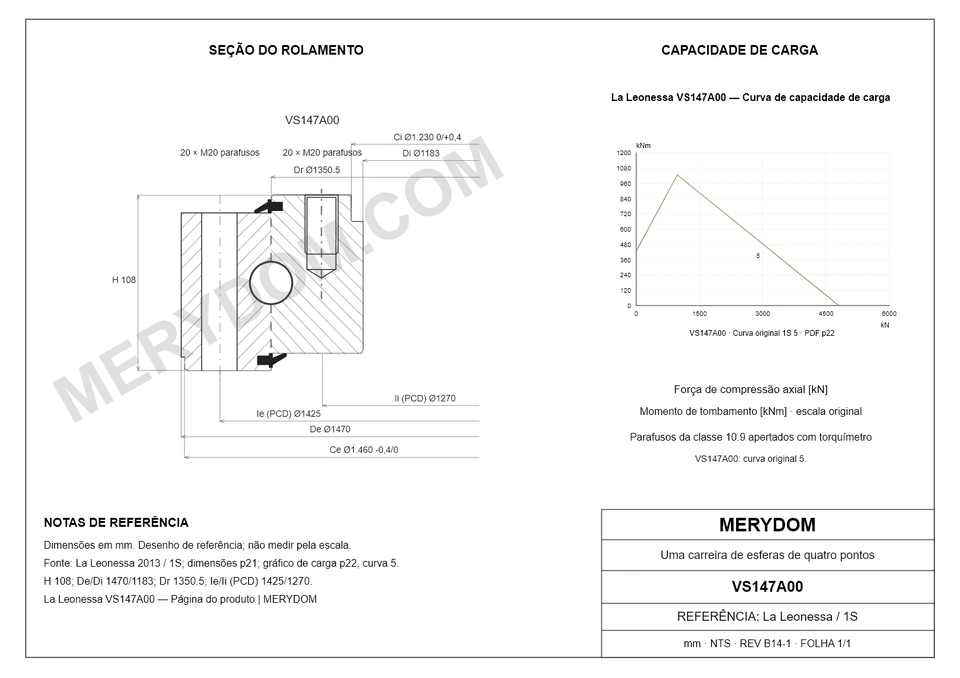Desenho CAD do rolamento de giro de substituição MERYDOM para La Leonessa VS147A00, com dimensões e furos de montagem.