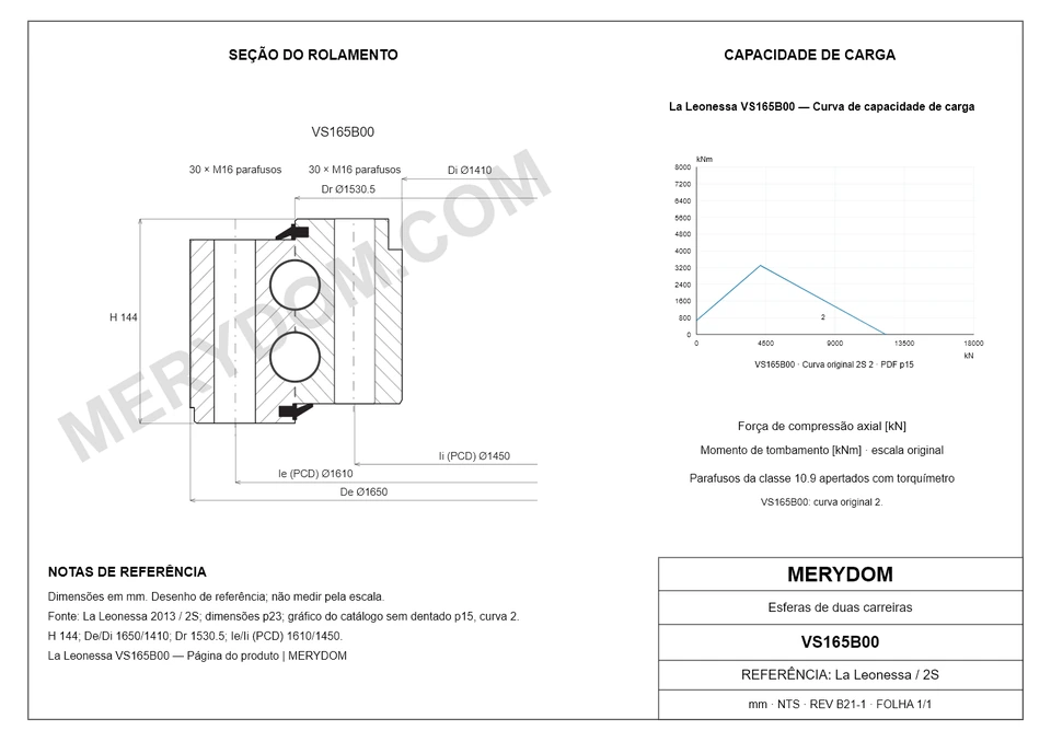 Desenho CAD do rolamento de giro de substituição MERYDOM para La Leonessa VS165B00, com dimensões e furos de montagem.
