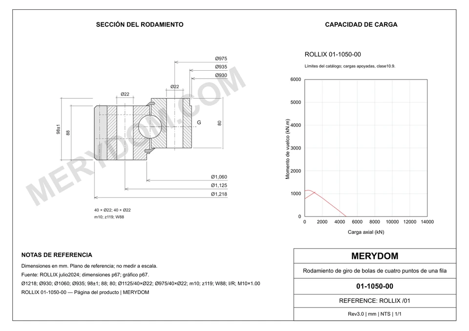 Plano CAD de la corona de giro de sustitución MERYDOM para ROLLIX 01-1050-00, con dimensiones y orificios de montaje.