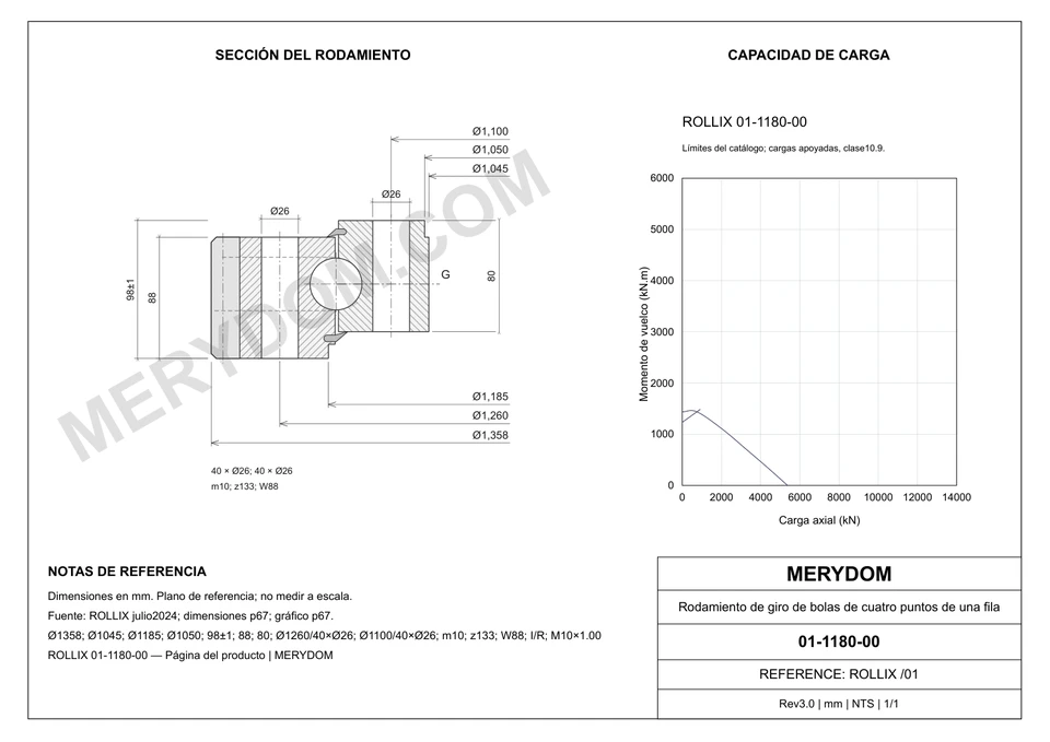 Plano CAD de la corona de giro de sustitución MERYDOM para ROLLIX 01-1180-00, con dimensiones y orificios de montaje.