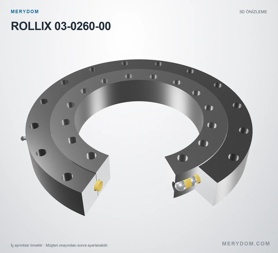 ROLLIX 03-0260-00 için MERYDOM muadil döner tabla rulmanının 3D model önizlemesi.