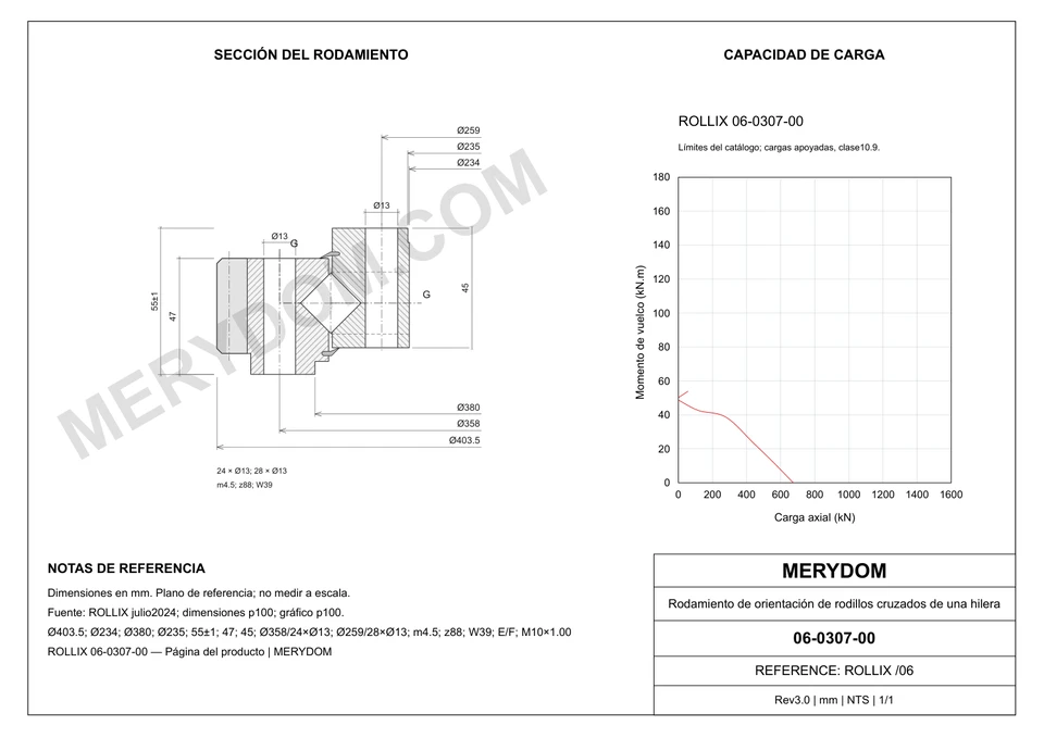 Plano CAD de la corona de giro de sustitución MERYDOM para ROLLIX 06-0307-00, con dimensiones y orificios de montaje.