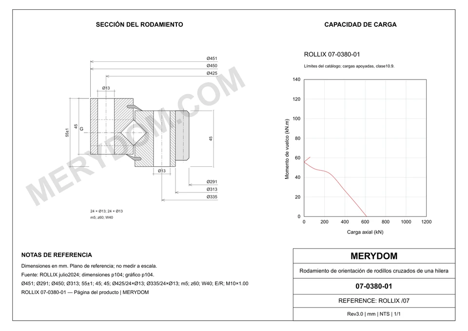 Plano CAD de la corona de giro de sustitución MERYDOM para ROLLIX 07-0380-01, con dimensiones y orificios de montaje.