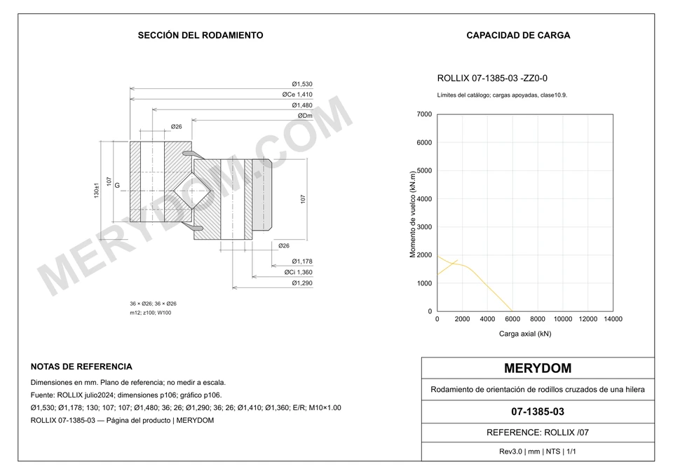 Plano CAD de la corona de giro de sustitución MERYDOM para ROLLIX 07-1385-03, con dimensiones y orificios de montaje.