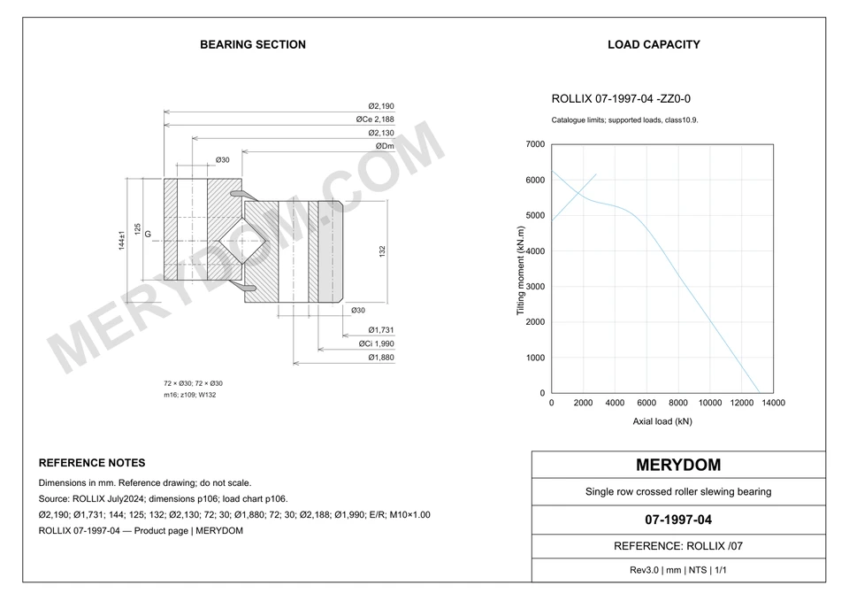 CAD drawing of the MERYDOM replacement slewing bearing for ROLLIX 07-1997-04, showing dimensions and mounting holes.